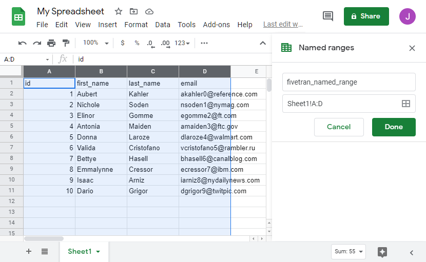 Creating a named range in Google Sheets to sync via the Fivetran Google Sheets Connector Creating a named range in Google Sheets to sync via the Fivetran Google Sheets Connector