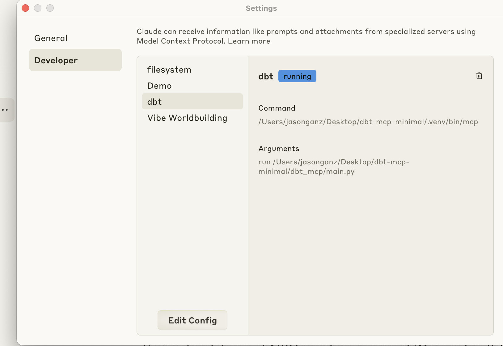 Claude Desktop – MCP server running in Developer settings Claude Desktop – MCP server running in Developer settings