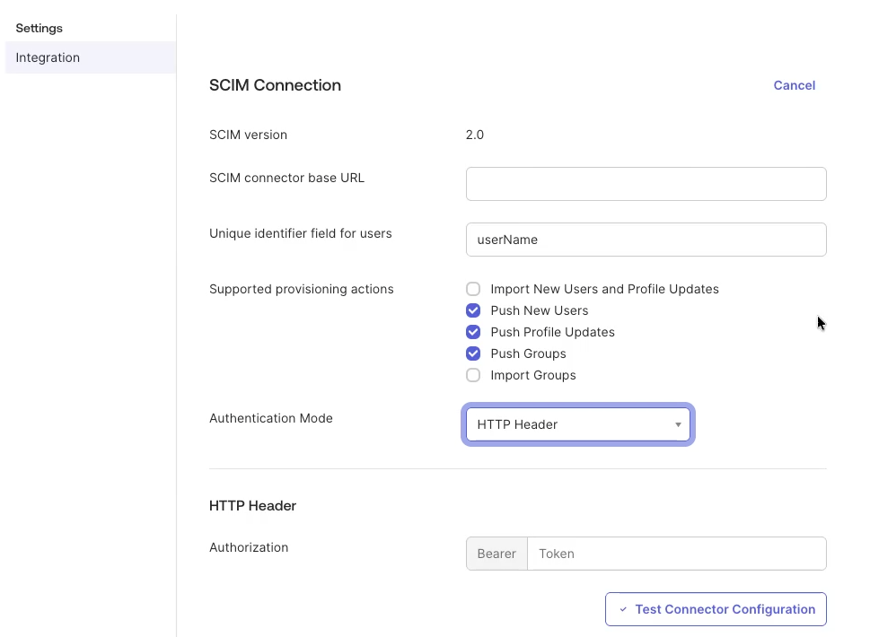The completed SCIM configuration in the Okta app. The completed SCIM configuration in the Okta app.