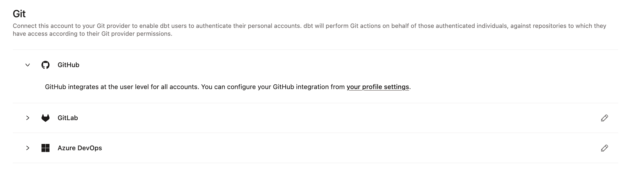 Example of the Git integration page Example of the Git integration page