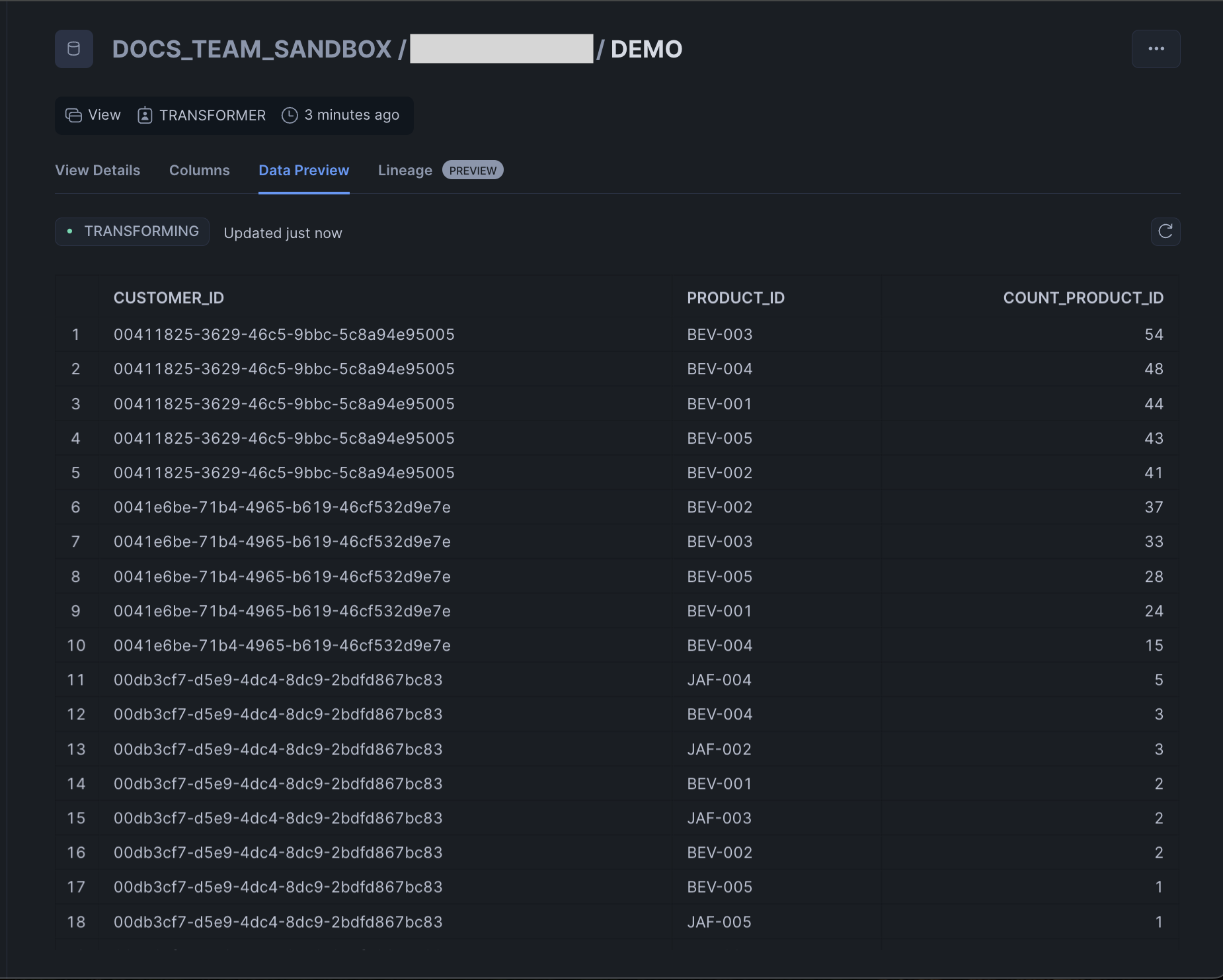 Preview of the transformed data in Snowflake. Preview of the transformed data in Snowflake.