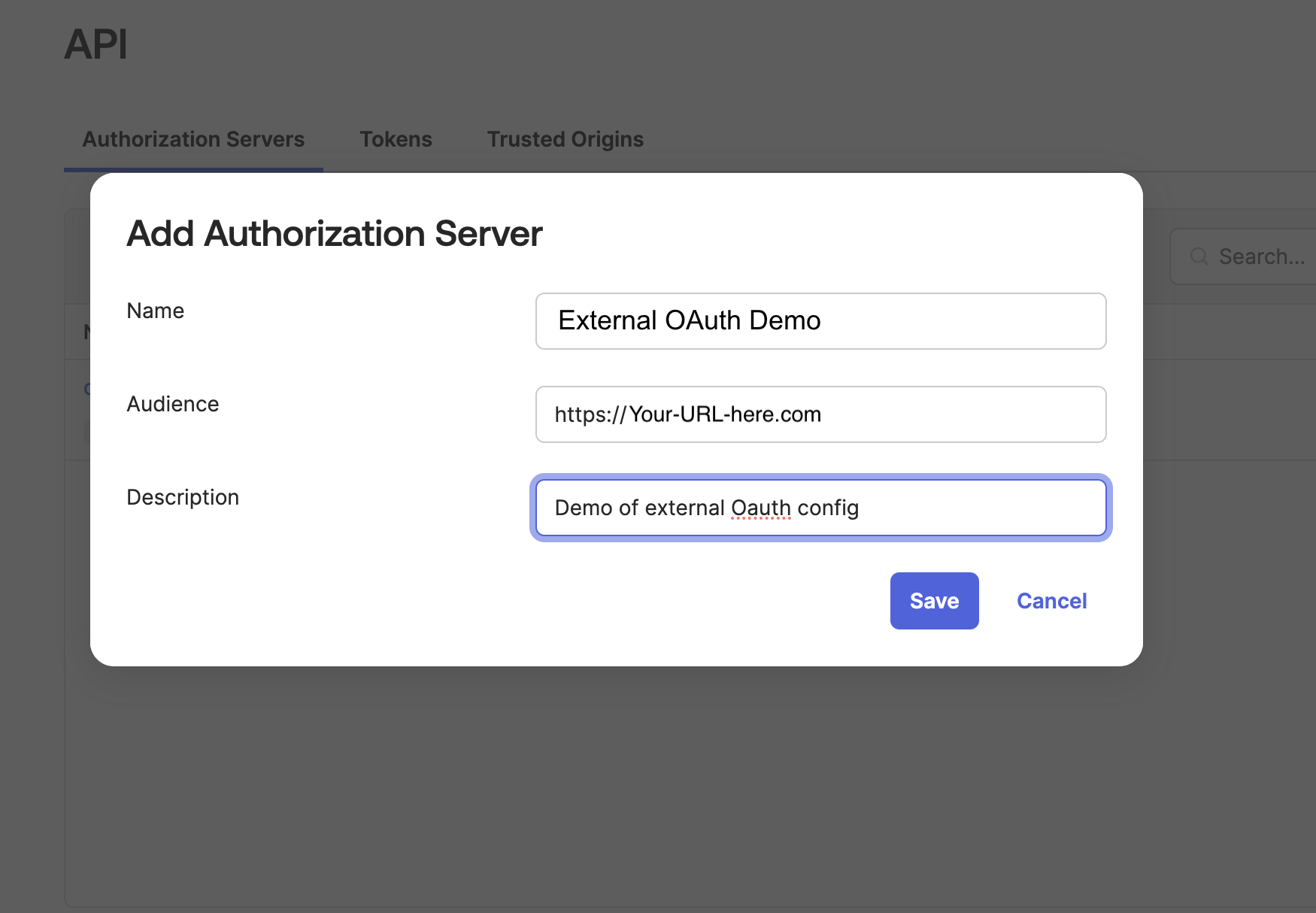 The Okta API window with the Audience value set. The Okta API window with the Audience value set.