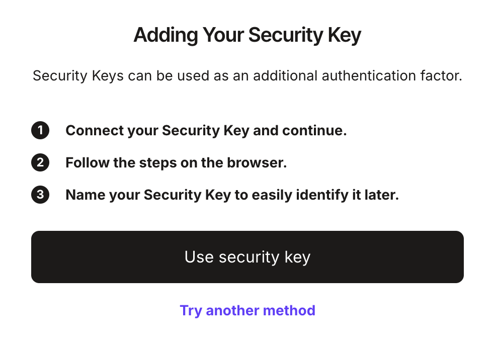 Example of the Security Key activation window.