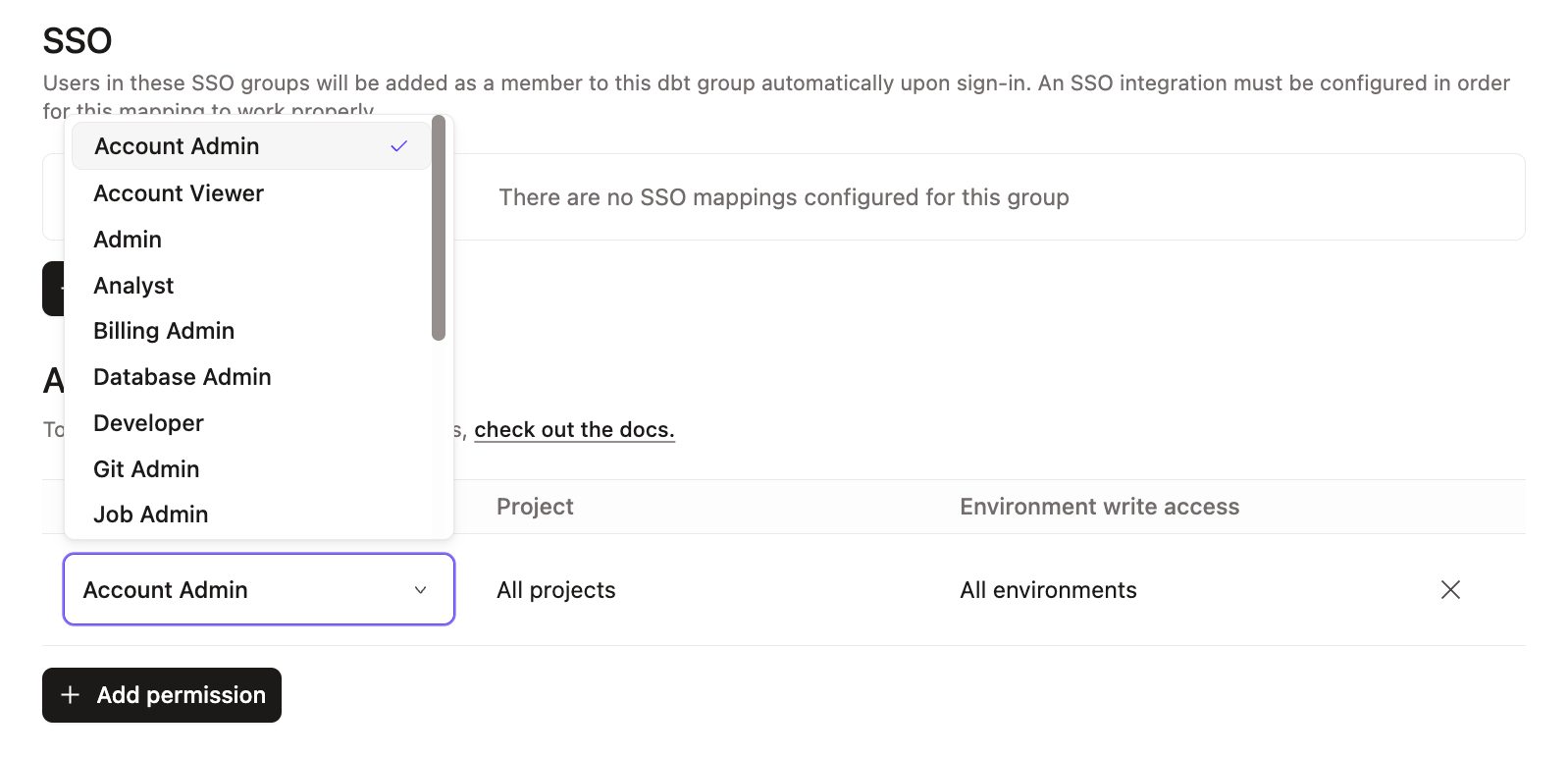 Example permissions dropdown while editing an existing group. Example permissions dropdown while editing an existing group.