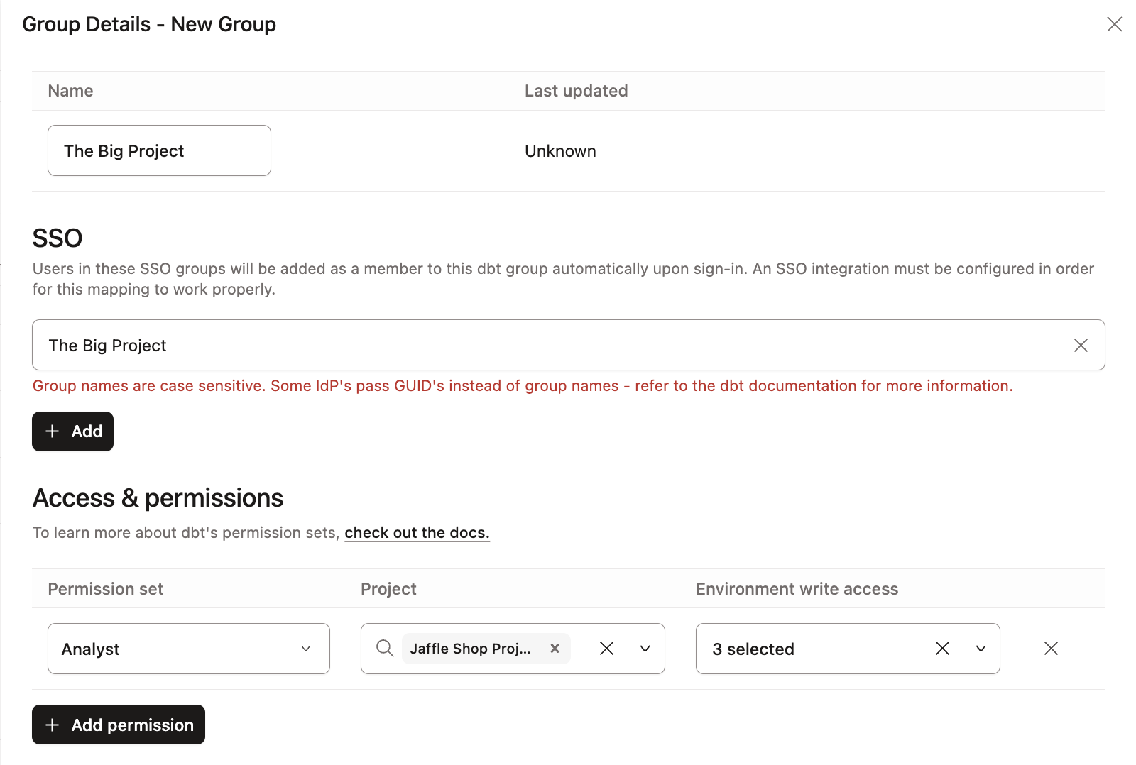 The group configuration with SSO field filled out in dbt. The group configuration with SSO field filled out in dbt.