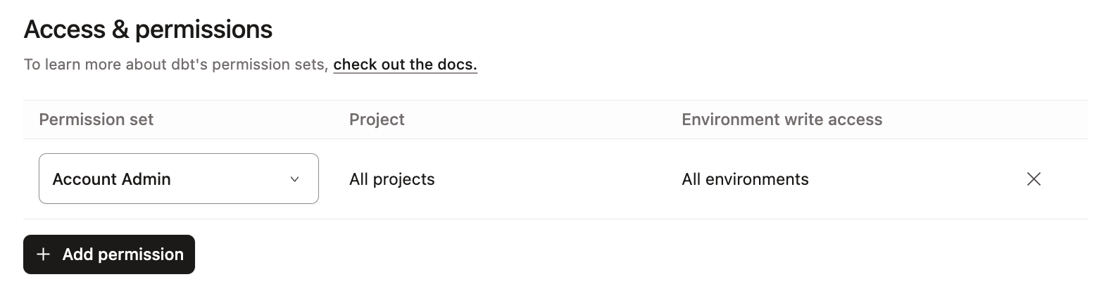 The view of the permissions box if there is no option for environment permissions. The view of the permissions box if there is no option for environment permissions.