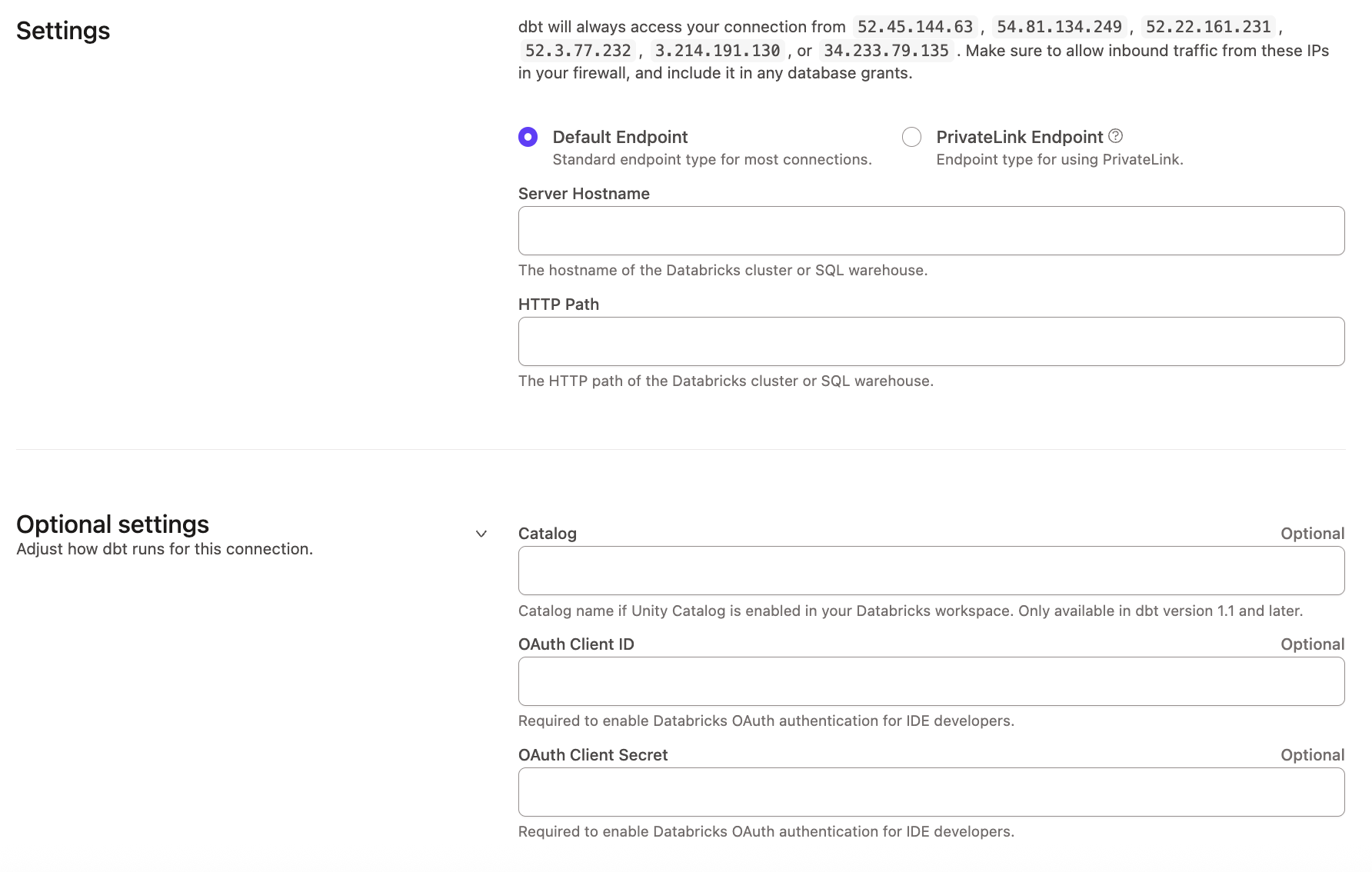 Configuring a Databricks connection using the dbt-databricks adapter Configuring a Databricks connection using the dbt-databricks adapter