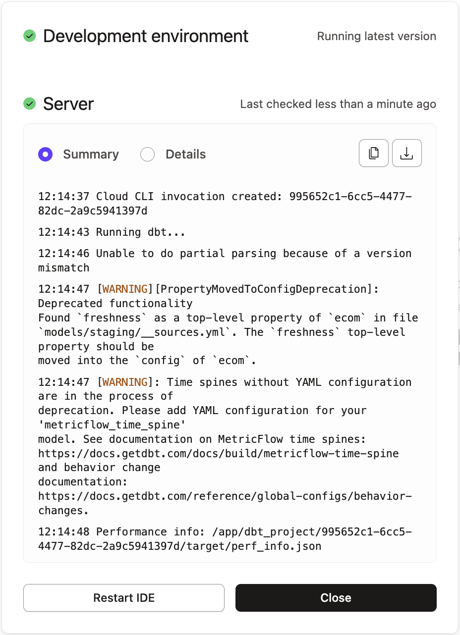 The Command History returns a log and detail of all your dbt invocations.