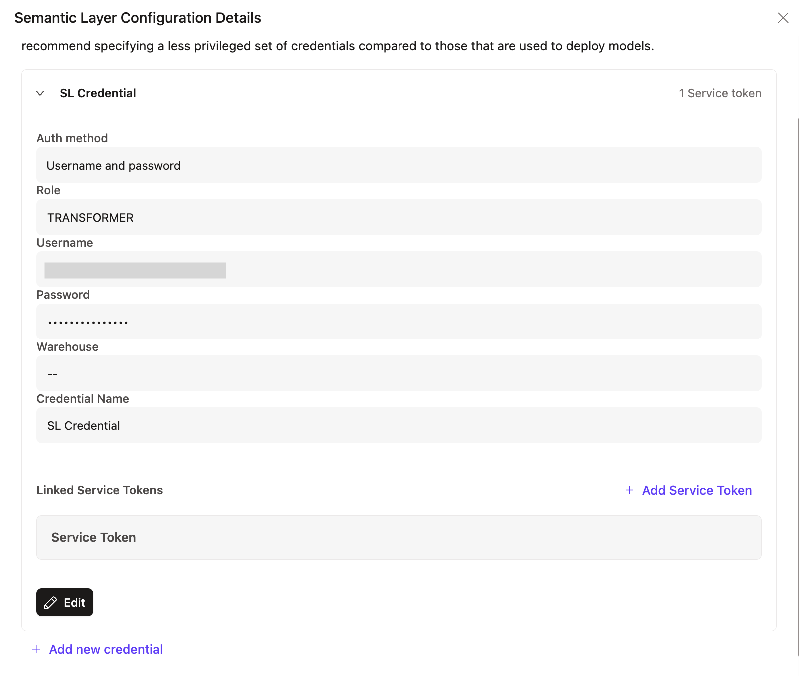 Use the configuration page to manage multiple credentials or link or unlink service tokens for more granular control.
