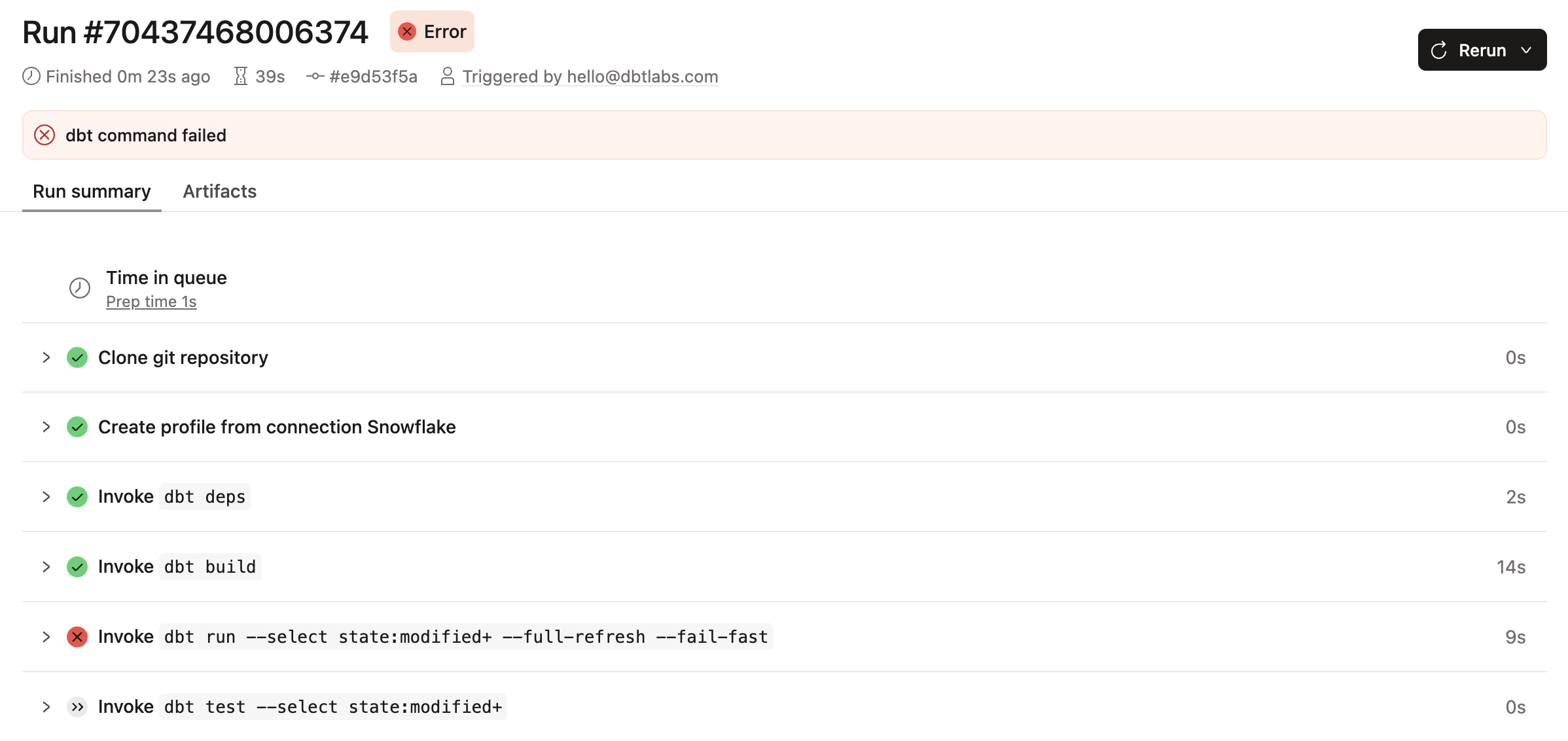 A failed job run that had an error during a run step A failed job run that had an error during a run step