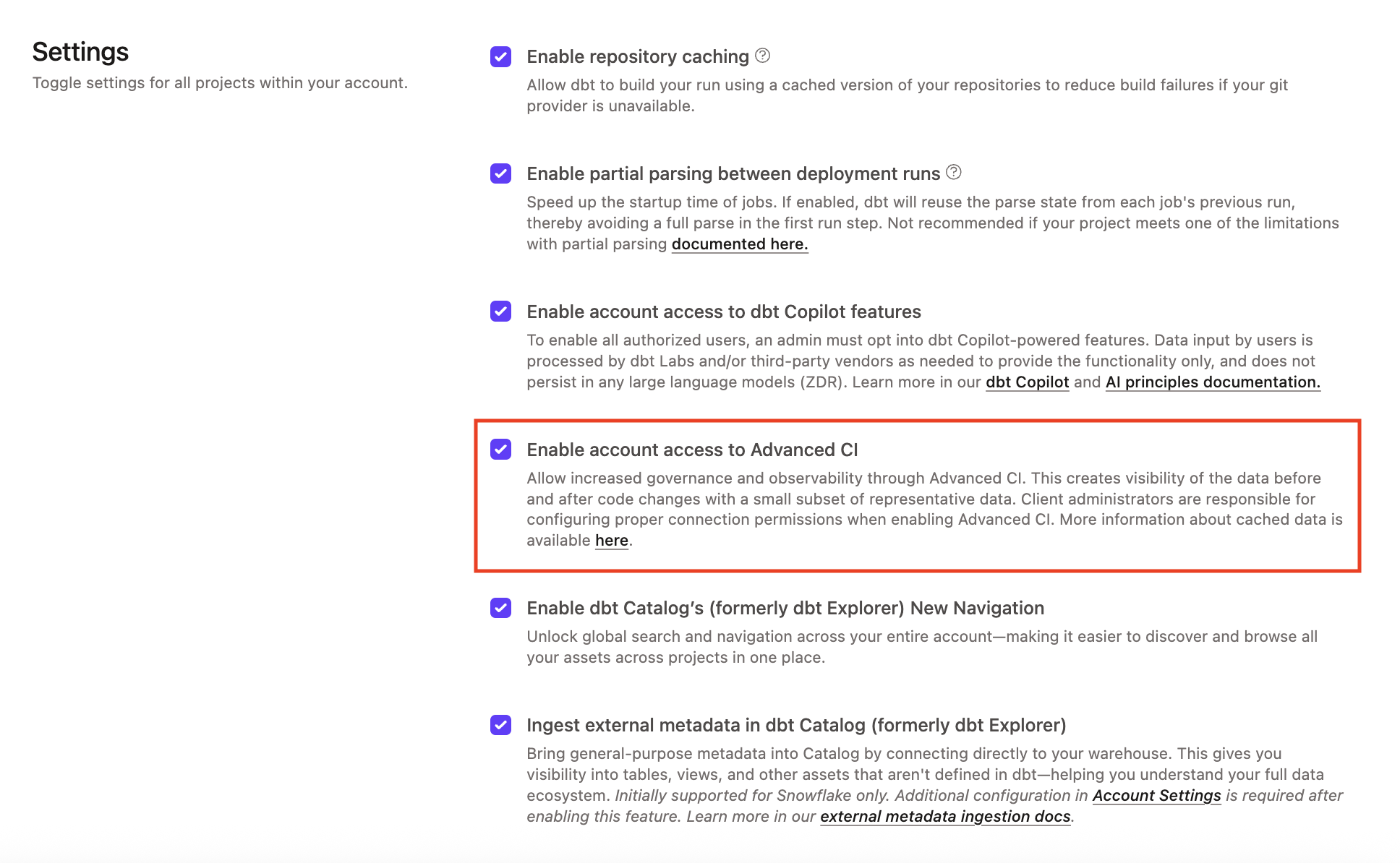 The Enable account access to Advanced CI option
