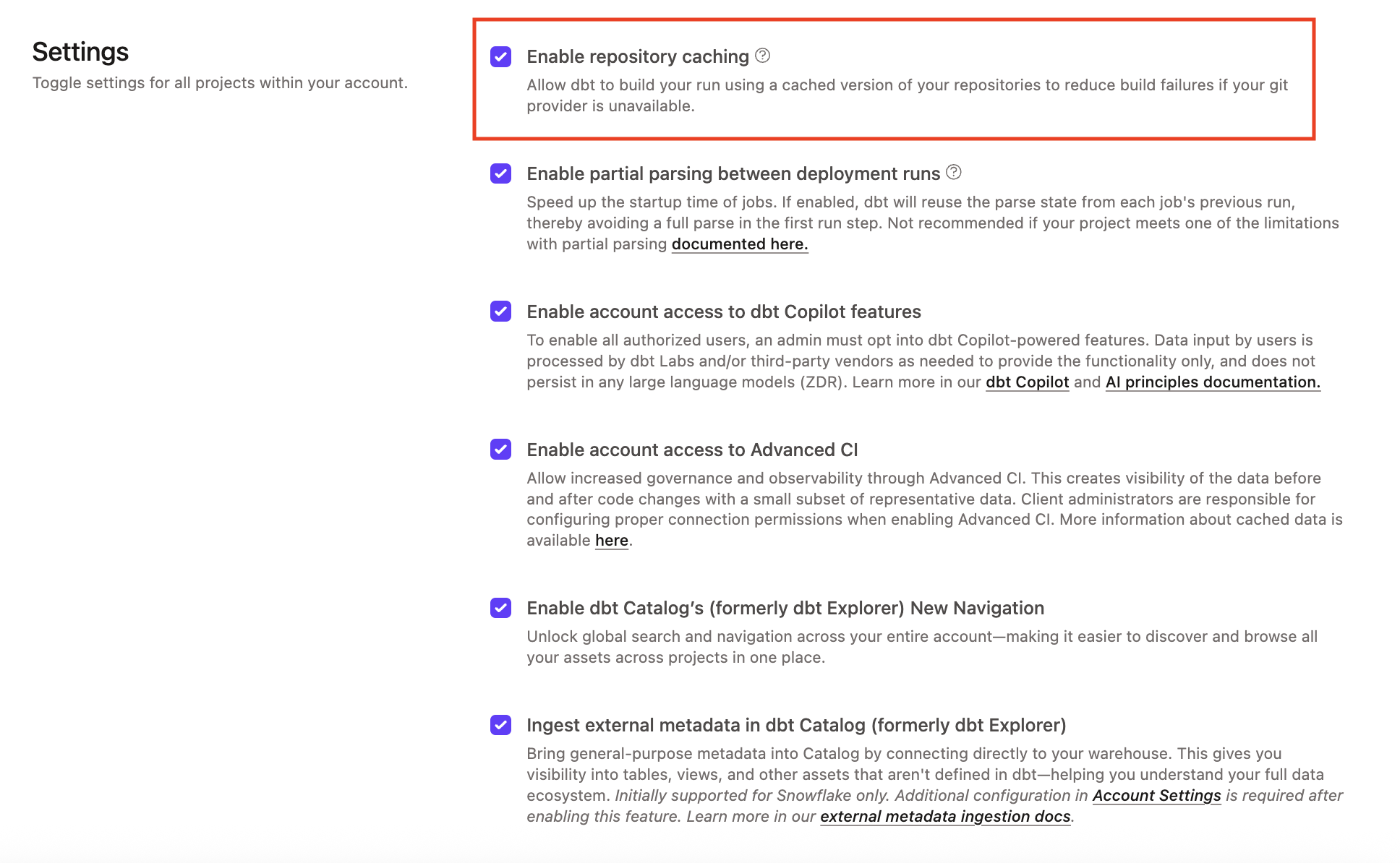 Example of the Repository caching option Example of the Repository caching option