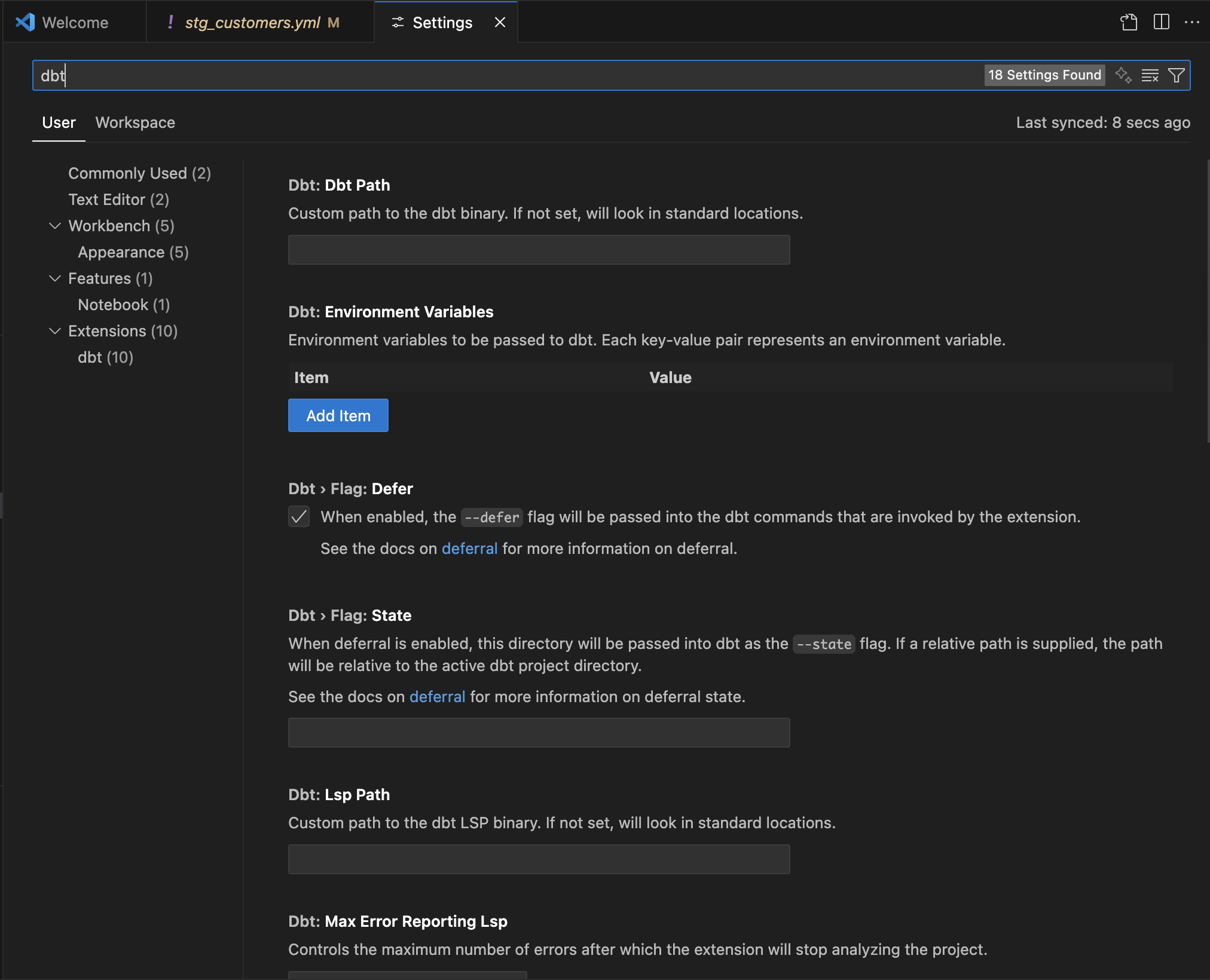 dbt extension settings within the VS Code settings.