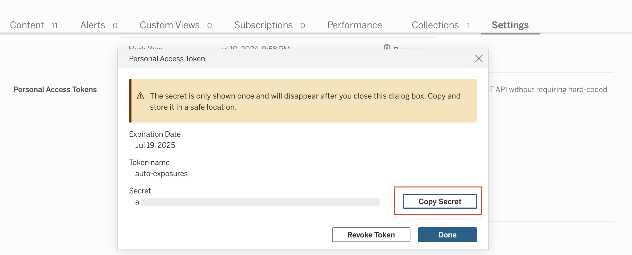 Copy the secret and token name to enter them in dbt