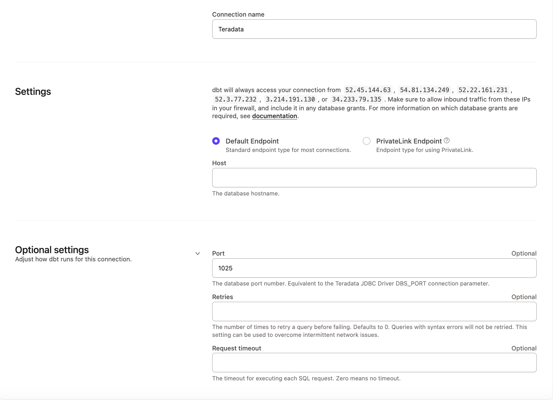 dbt - Teradata Account Settings