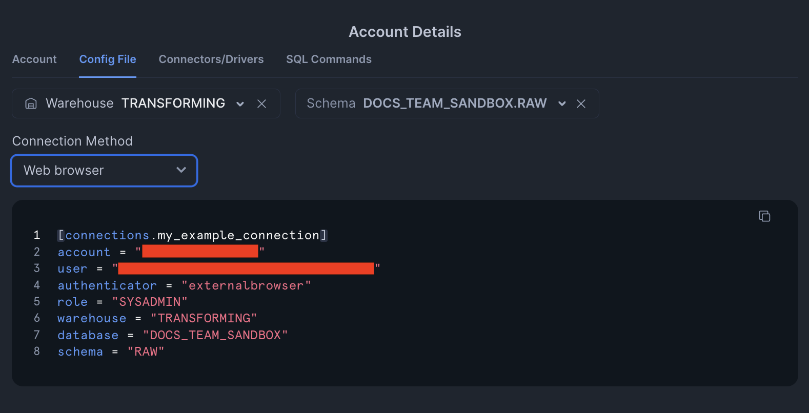 Sample config file in Snowflake. Sample config file in Snowflake.